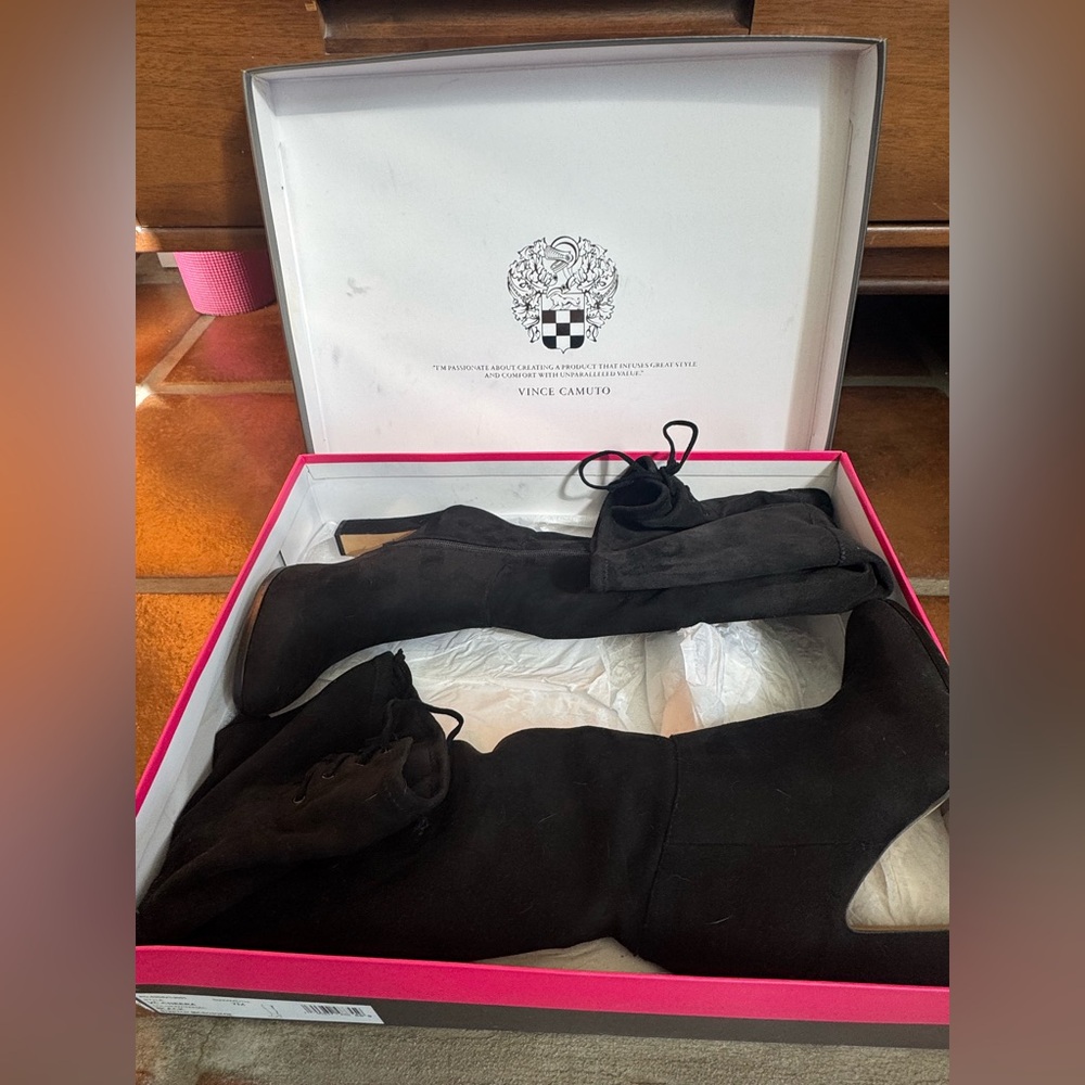 Vince Camuto Cheera black micro suede over-the-knee boots.